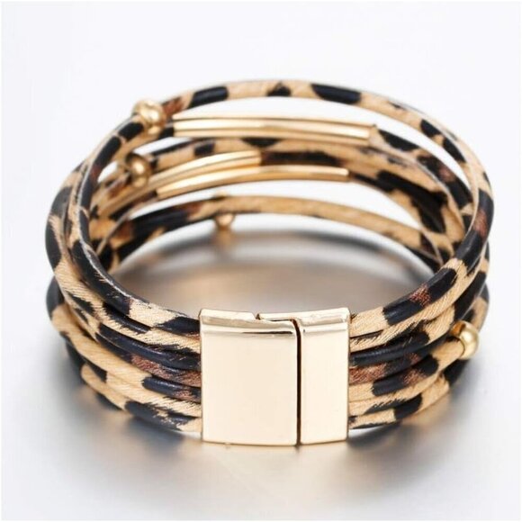 Women, Boho Leopard Multi-Layer Crystal Beads Cuff Bracelet Jewelry Leather Wrap - Picture 3 of 6